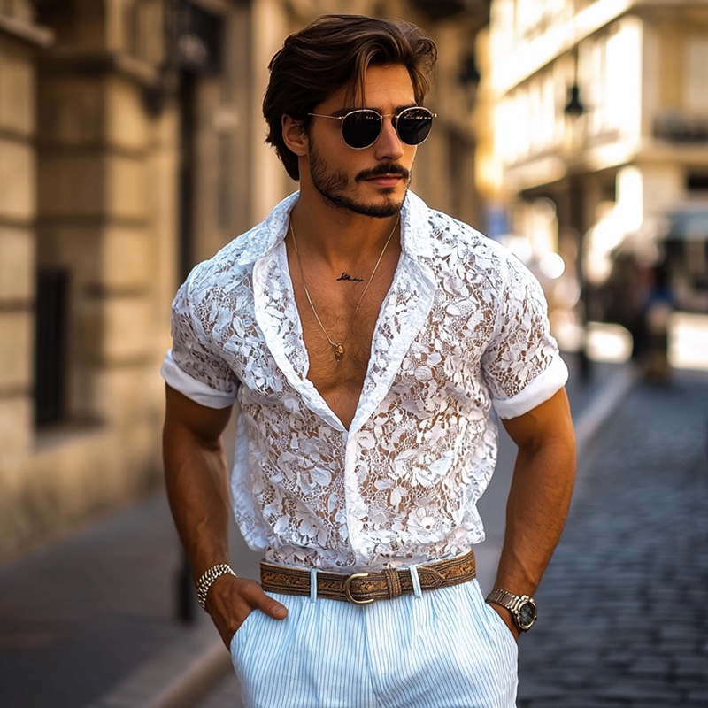 Men's Fashion Lace Lapel Short Sleeve Casual Shirt MTA1285E1Z