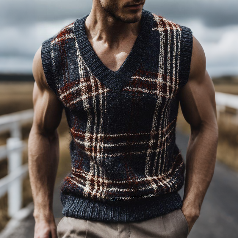 Men's Retro Casual Plaid Knit V-Neck Pullover Vest MTA1235K1TO