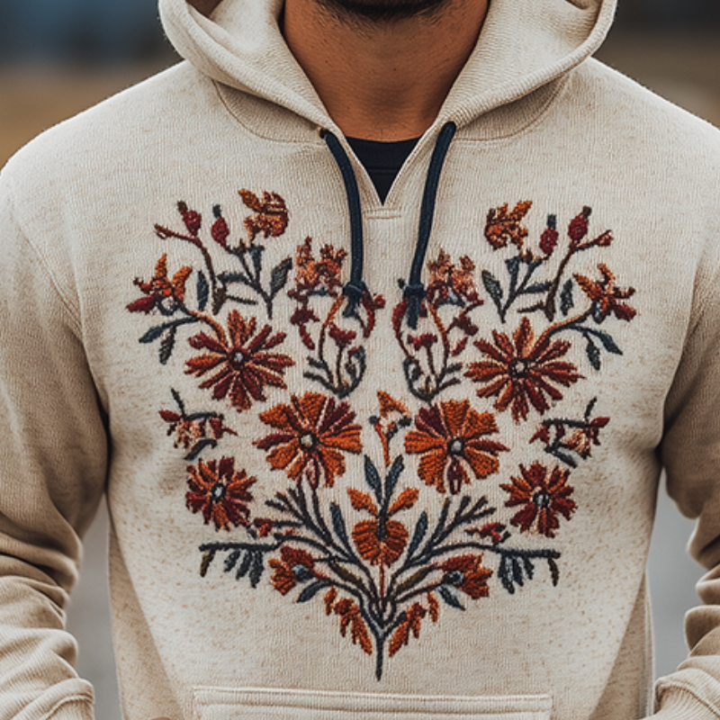 Men's Vintage Casual Floral Embroidered Hoodie MTA2350G8TO
