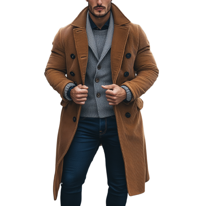 Men's Vintage Solid Color Corduroy Lapel Double-breasted Long Coat MTA2338I8X