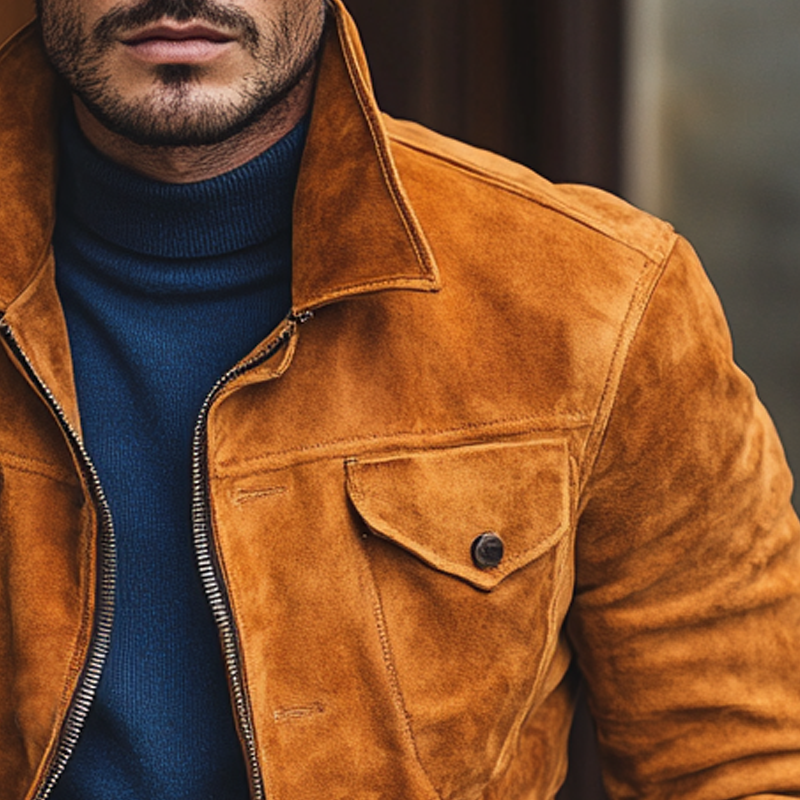 Men's Retro Solid Color Faux Suede Collar Slim Fit Jacket MTA0577K8X