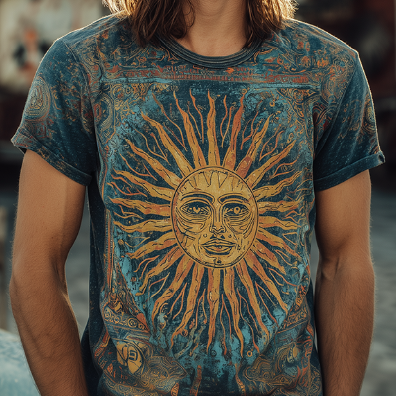 Men's Retro Casual Hippie Style Printed Round Neck Short Sleeve T-Shirt MTA0119H3TO