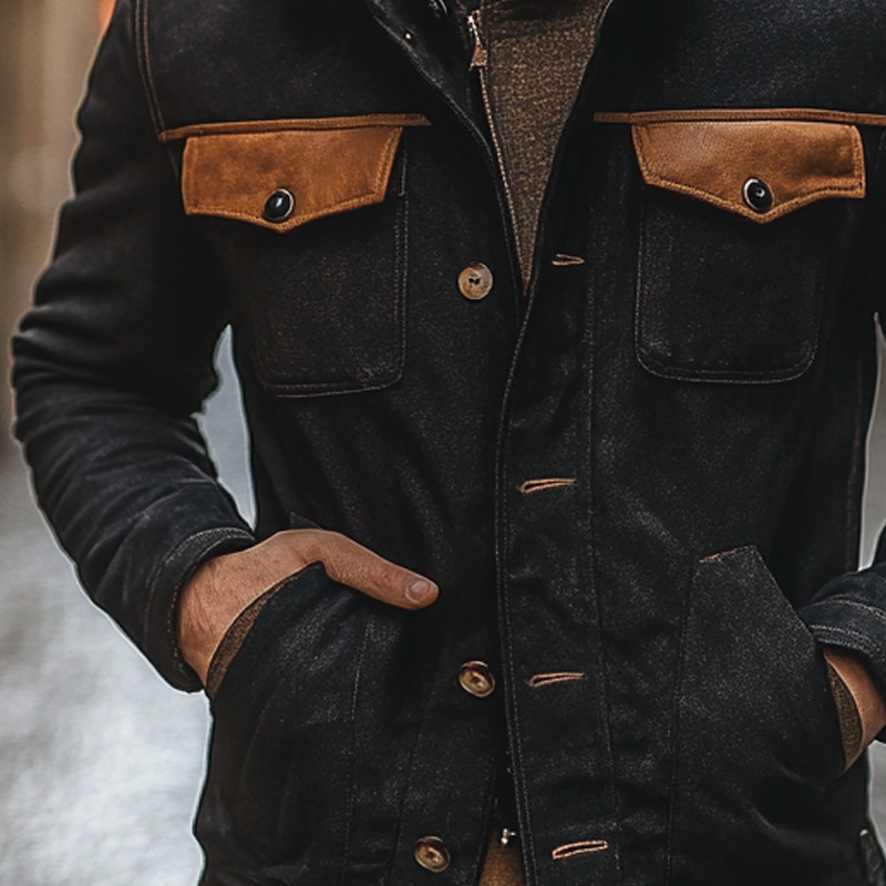 Men's Retro Stitching PU Lapel Single-Breasted Contrast Color Jacket MTA1358I8X