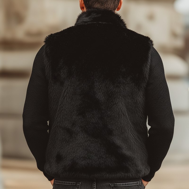 Men's Midnight Black Luxury Stand Collar Plush Faux Fur Vest MTA0713K7U