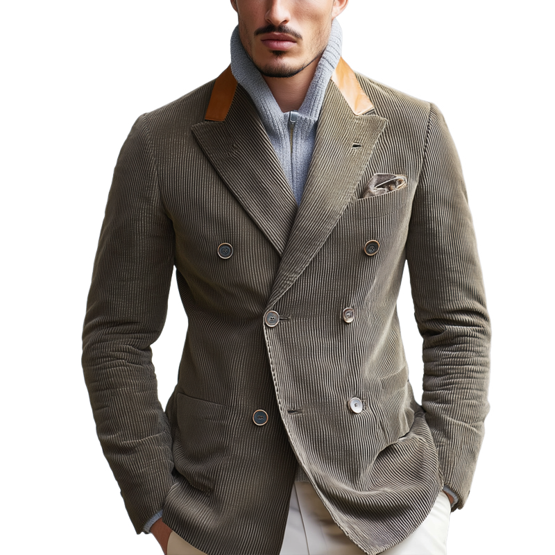 Men's PU Splicing Notch Lapel Double Breasted Corduroy Casual Blazer MTA1857H2Z