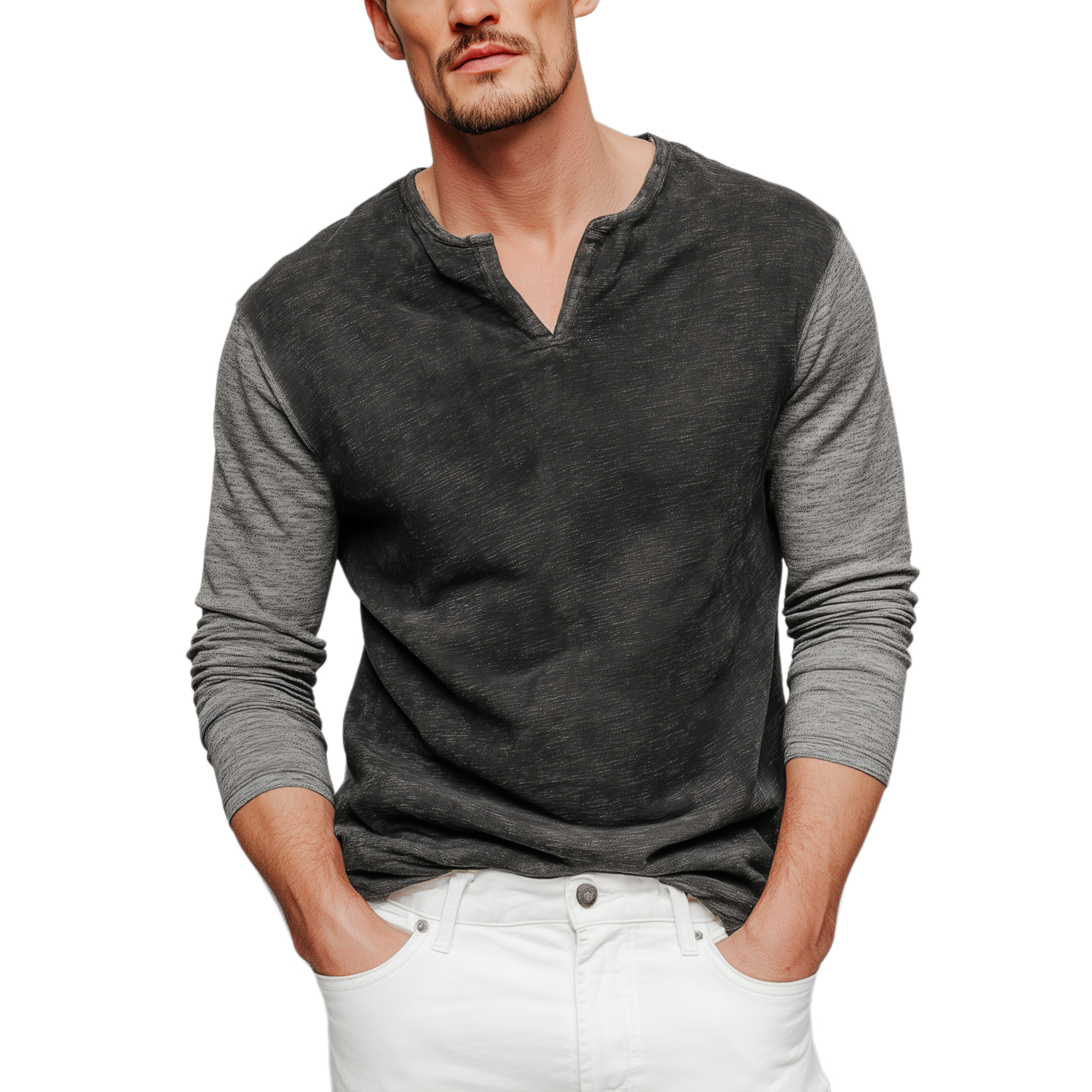 Men's Classic Casual V-neck Bamboo Cotton Patchwork Slim Fit Long Sleeve T-shirt MTA2814G8K