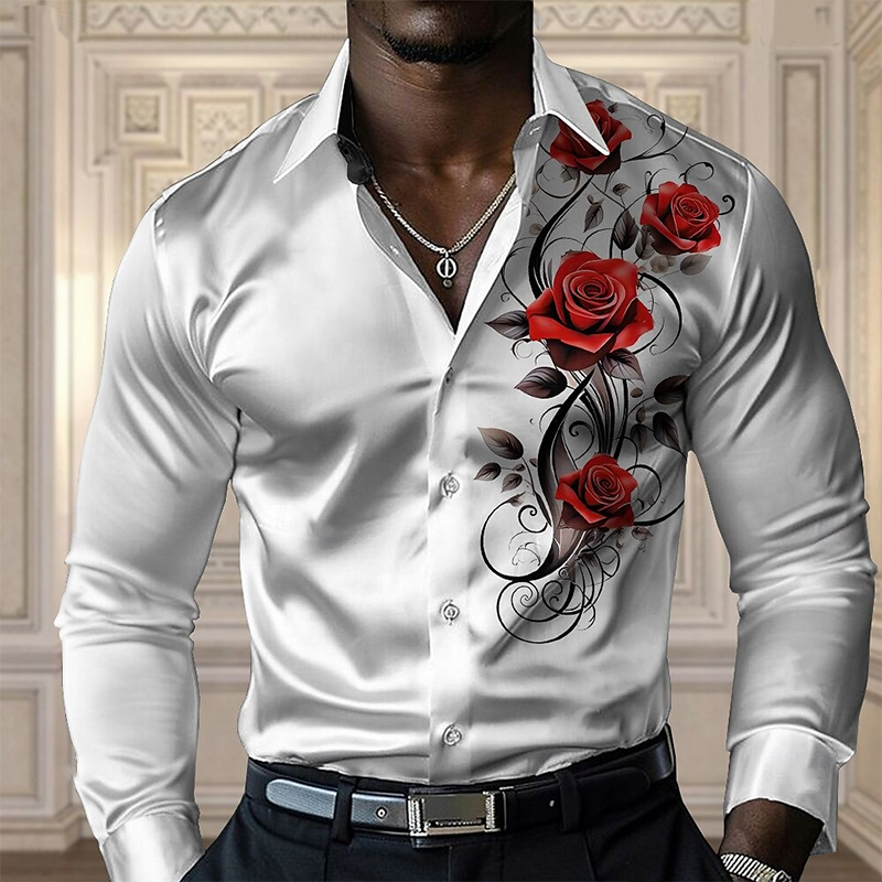 Men's Satin Print Long Sleeve Lapel Shirt MTA2149G1X