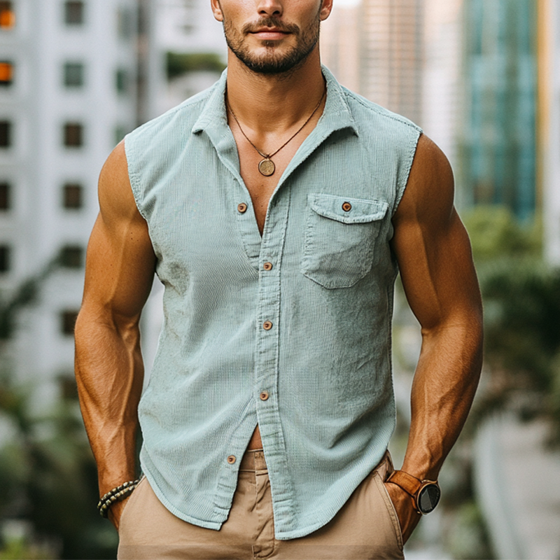 Men's Summer Classic Solid Color Corduroy Sleeveless Shirt MTA0136G8U