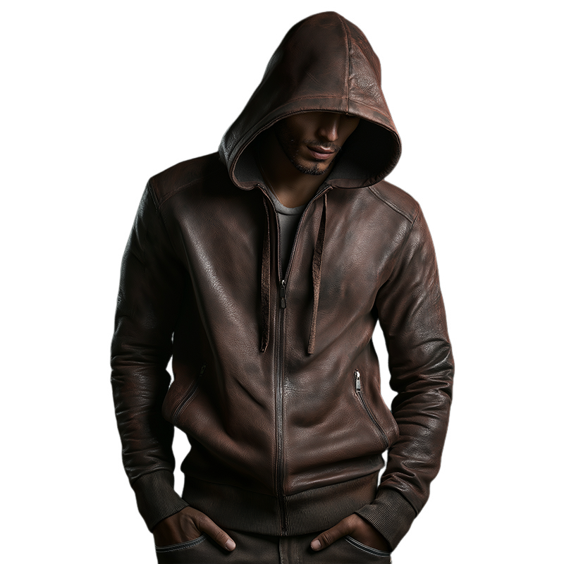 Men's Vintage Casual Distressed Hooded Leather Jacket MTA2536H8TO