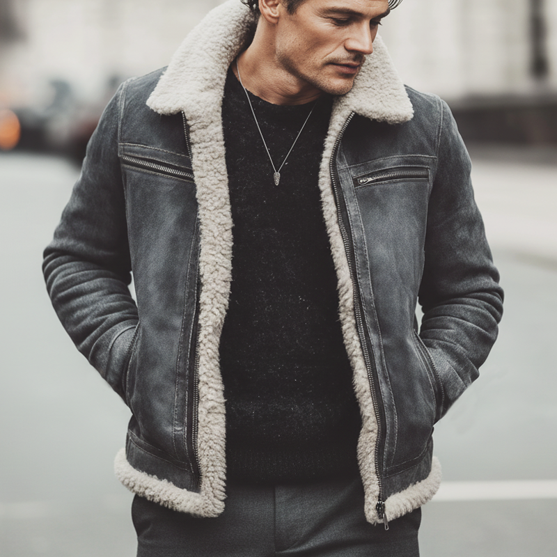 Men's Classic Warm Suede Lambswool Lined Zip-Up Jacket MTA0570L7U