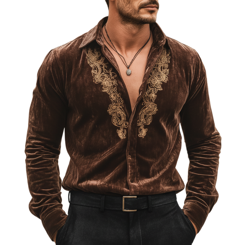 Men's Retro Velvet Exquisite Embroidered Long-Sleeved Shirt MTA2691L2U