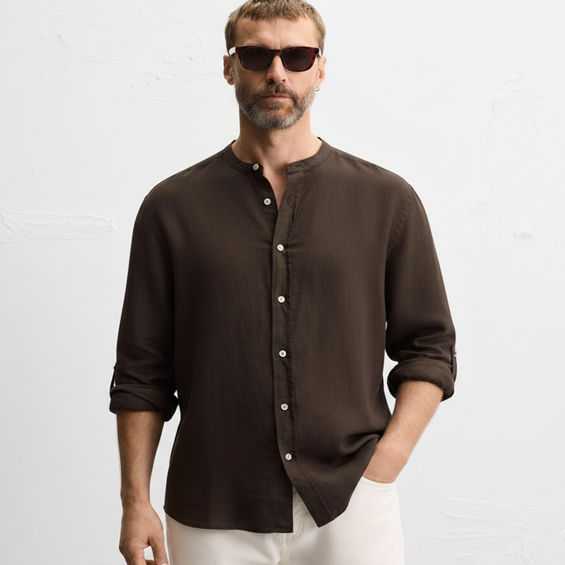 Men's Classic Dark Brown Cotton And Linen Long-sleeved Shirt MTZ1207B2U