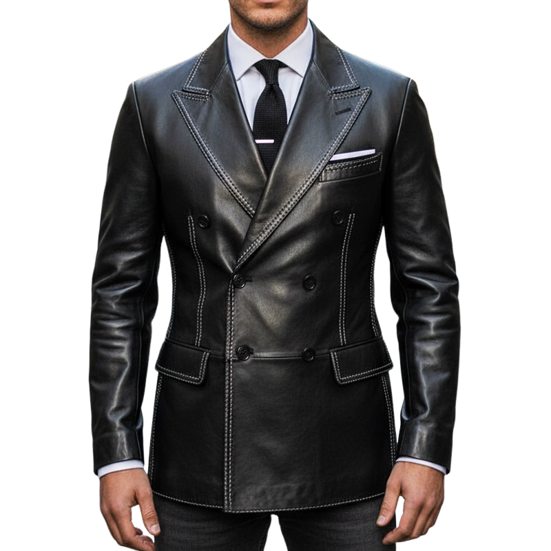 Men's Business Black Double-Breasted Notched Lapel PU Leather Slim Blazer