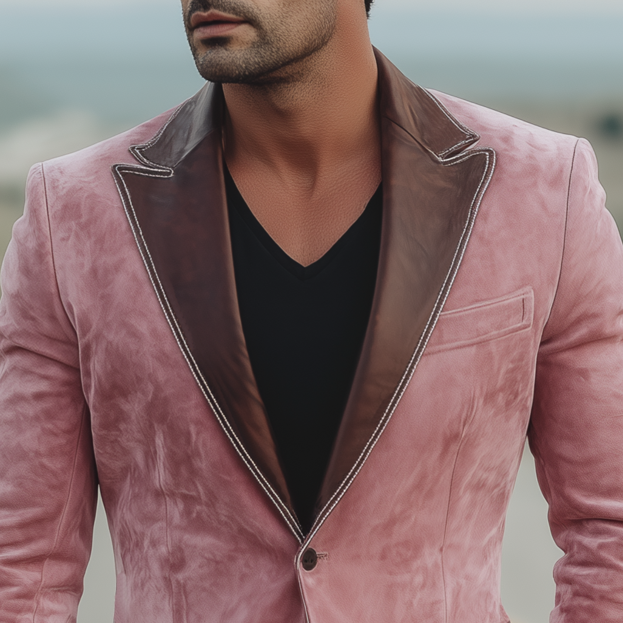 Men's Classic Retro Western Style Collar Stitching PU Leather Single-breasted Pink Suede Blazer MTA1911H0K