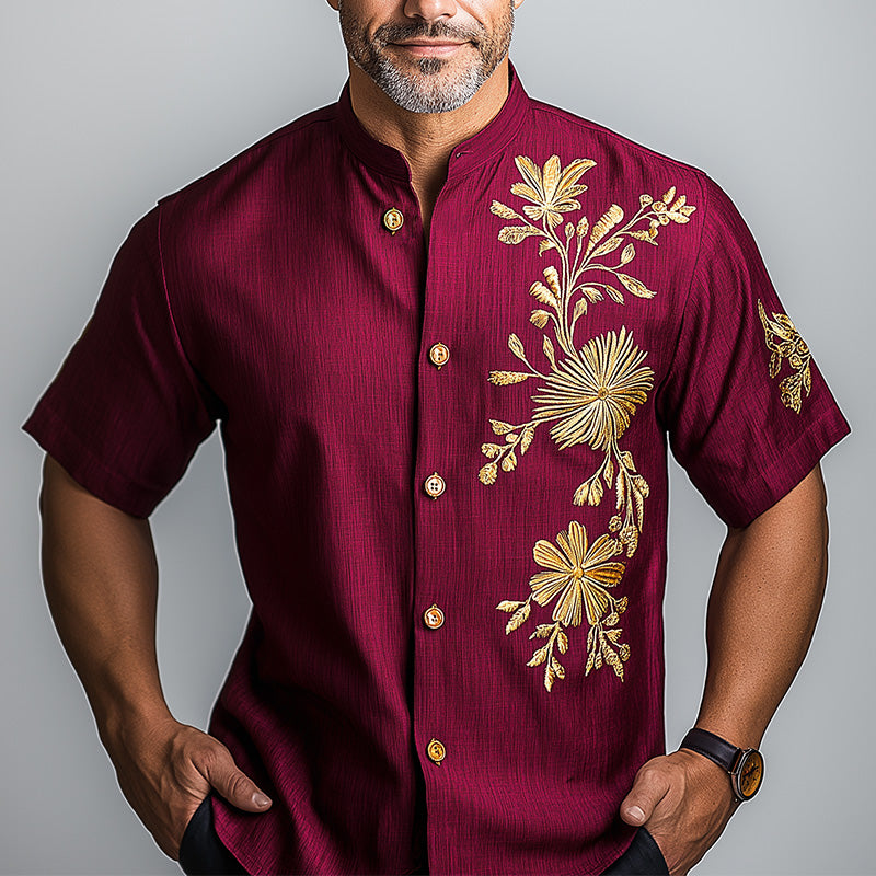 Men's Summer Fashion Floral Embroidery Cotton Short Sleeve Round Neck Shirt MTA1509E3P
