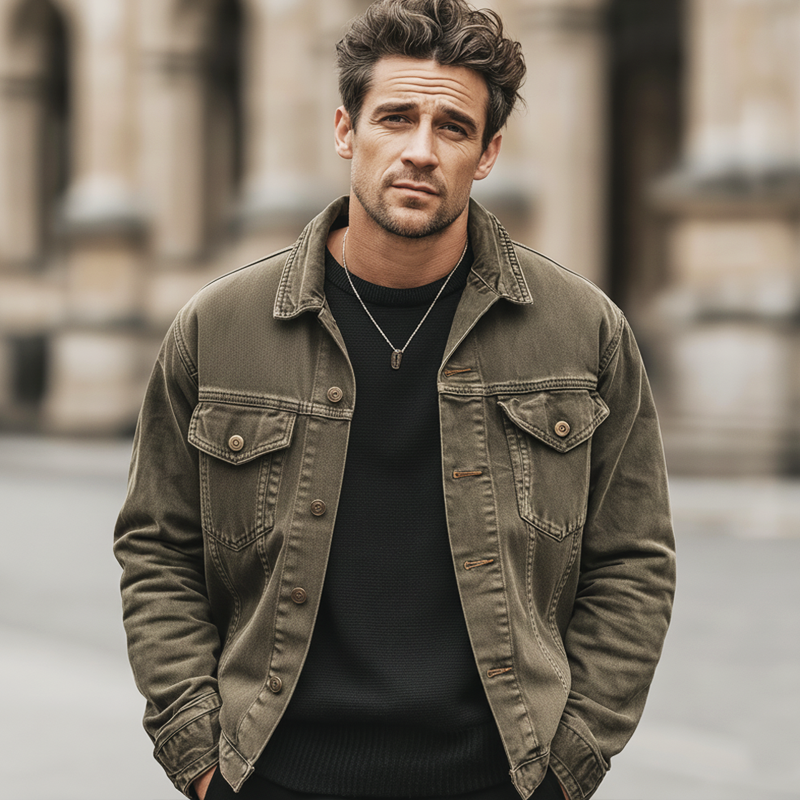 Men's  Urban Classic Distressed Army Green Denim Jacket MTA1808L3U