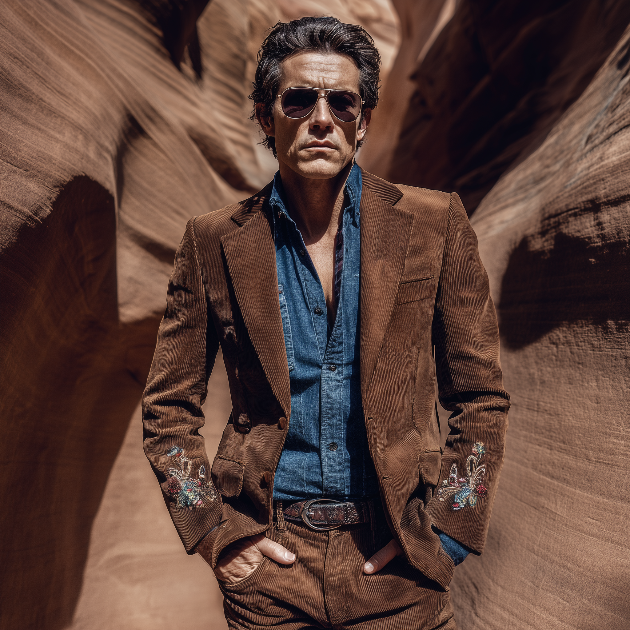 Men's Classic Retro Western Style Single-breasted Corduroy Cuff Embroidered Slim-fit Blazer MTA2187H1K