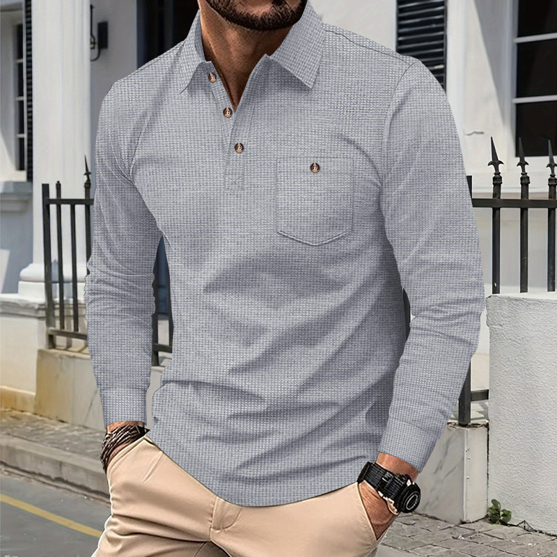 Men's Solid Color Waffle Long Sleeve Polo Shirt MTA2464G1X