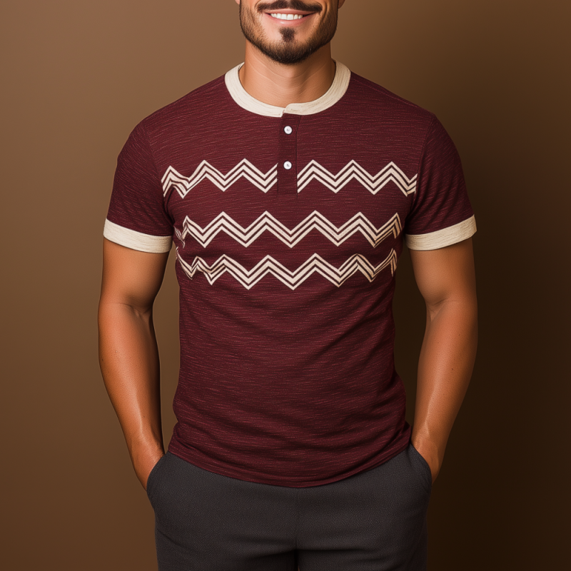 Herre T-skjorte med bølgestriper og henleykrage i kontrastfarge, slim fit, pustende og korte ermer, MTA0423F5M
