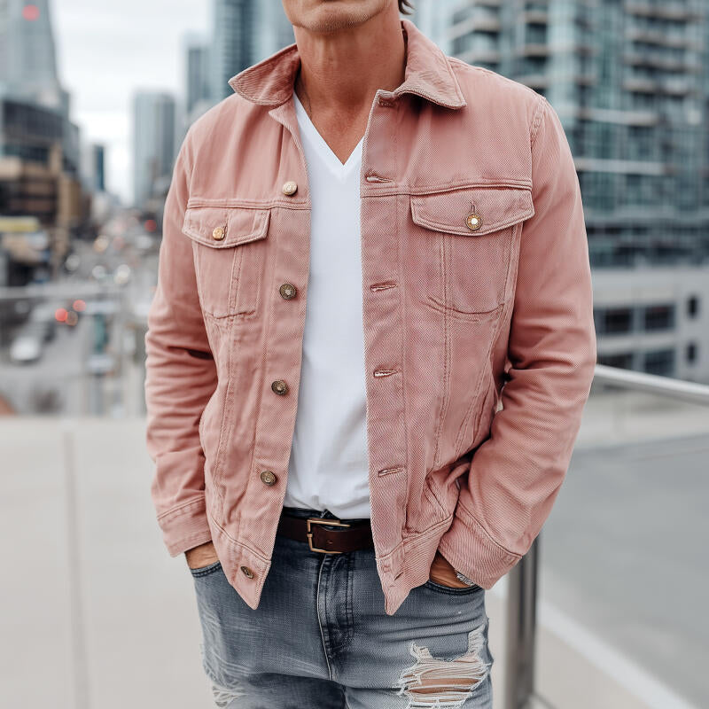 Men's Vintage Outdoor Washed Distressed Denim Lapel Single-breasted Slim-fit Jacket MTA2591H3M