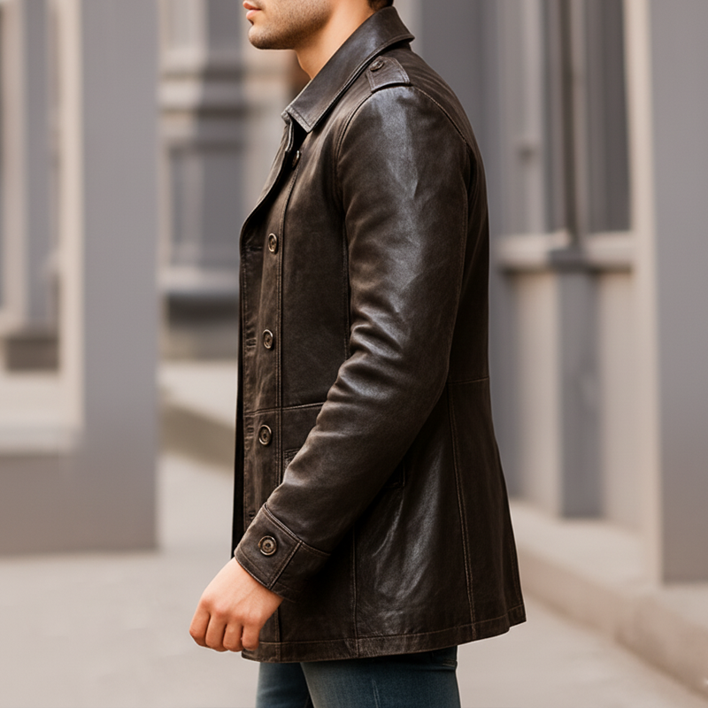 Men's Vintage Distressed PU Leather Double-breasted Short Coat MTA0429I0U