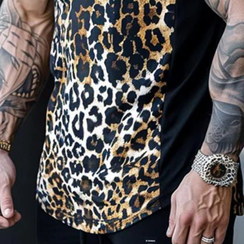 Men's Casual Round Neck Leopard Print Patchwork Tank Top 63099234M