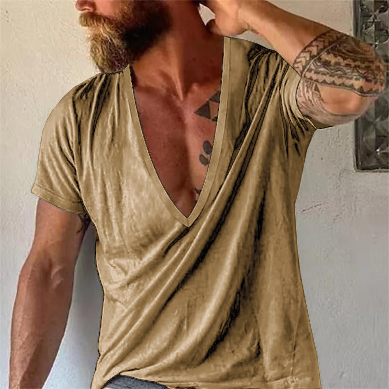 Men's Casual Solid Color V-Neck Short-Sleeved T-Shirt 19594146M