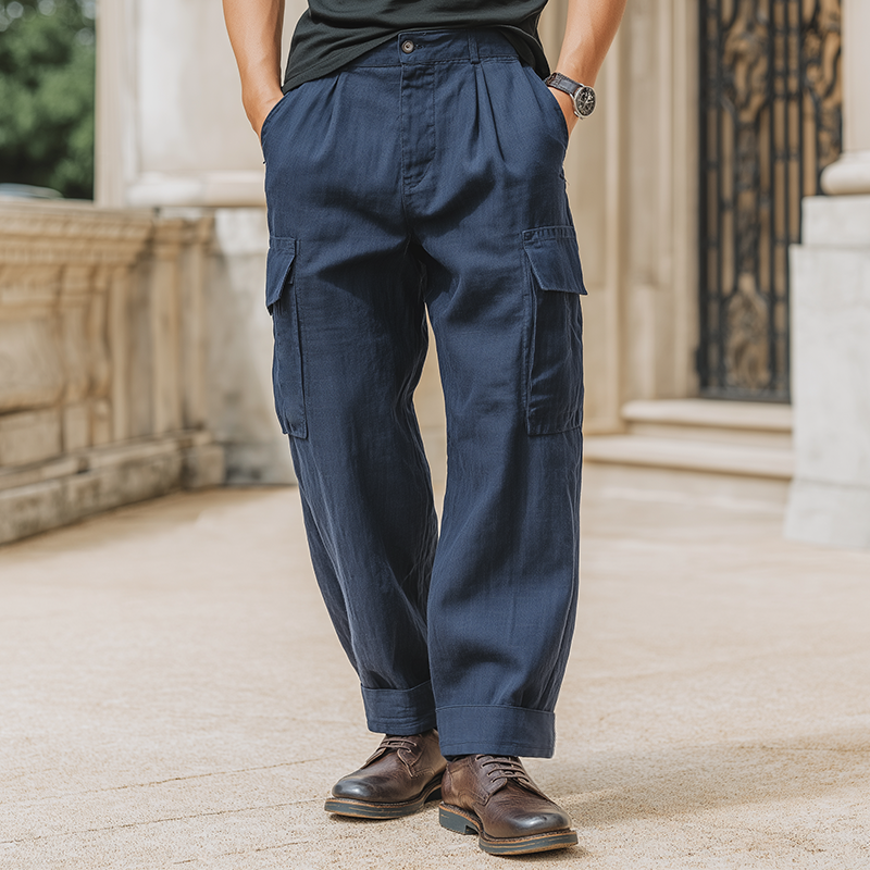 Men's Retro Casual Solid Color Cotton And Linen Pocket Pants MTA3146G0TO