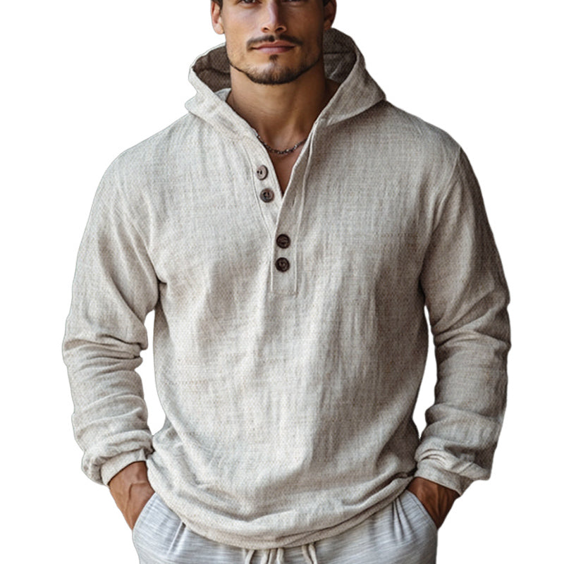 Men's Skin-friendly Off-White Cotton and Linen Long-sleeved Hoodie 95678739U