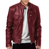 Men's Stand Collar Slim Fit Zip Pocket Leather Jacket 11770989M
