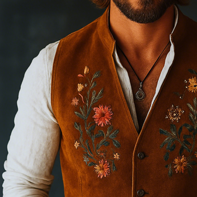 Men's Casual Vintage Suede Floral Embroidered Vest MTA0644H0TO