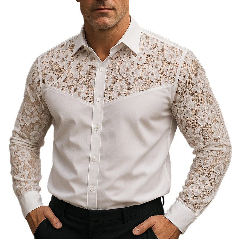 Men's Summer Elegant Simple Lace Patchwork Long Sleeve Shirt MTA2361E9P