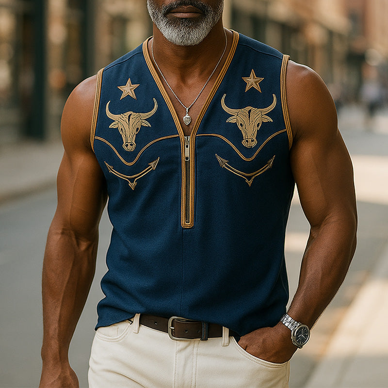 Men's Summer Western Cowboy Style Embroidered Cotton And Linen Tank Top MTA2908E0P