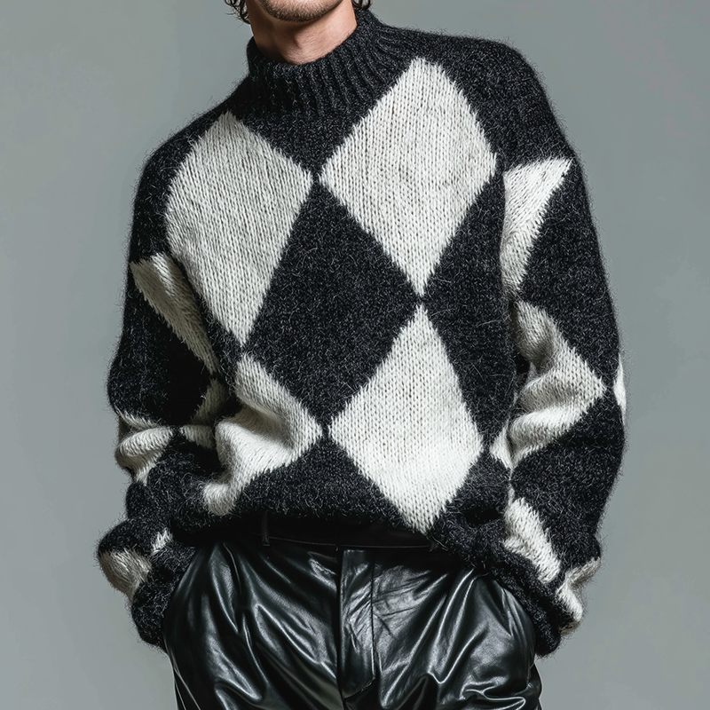Men's Retro Casual Diamond Knitted Half Turtleneck Pullover Sweater MTA2110J4TO