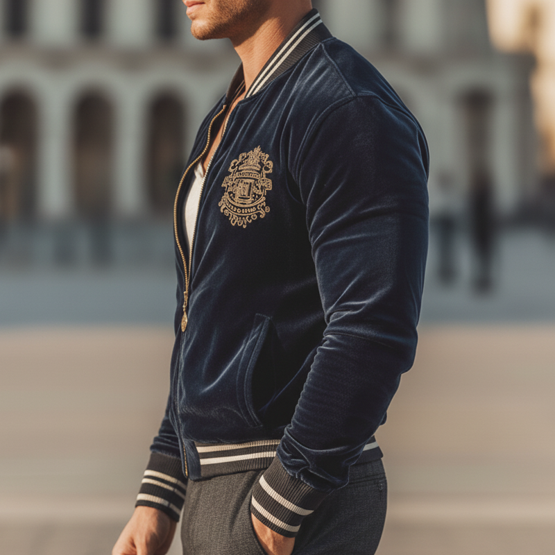 Men's Classic Urban Style Navy Velvet Embroidered Zip-up Jacket MTA2992L4U