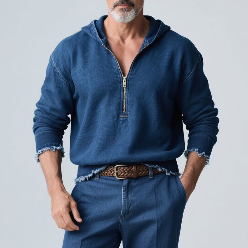 Men's Fashion Hooded Long Sleeve Denim Shirt MTA2350G0Z