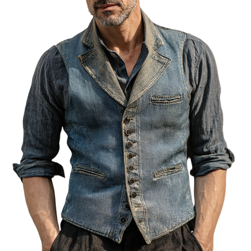 Men's Vintage Washed Denim Notch Lapel Single Breasted Multi-pocket Vest MTA2140H7Z