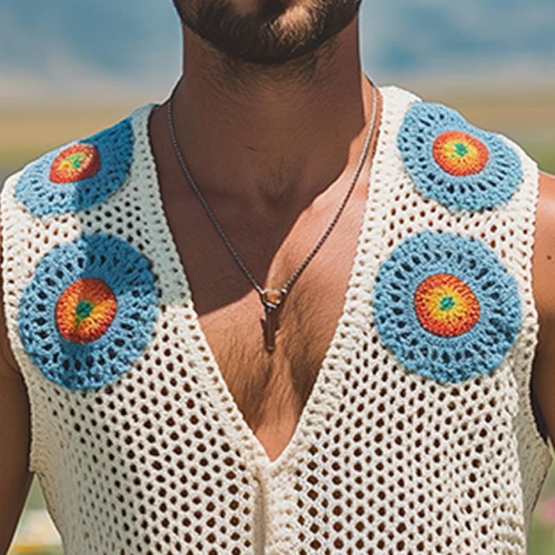 Men's Summer Fashion Casual Hollow Crochet Flower Knitted Vest MTA2726F7K