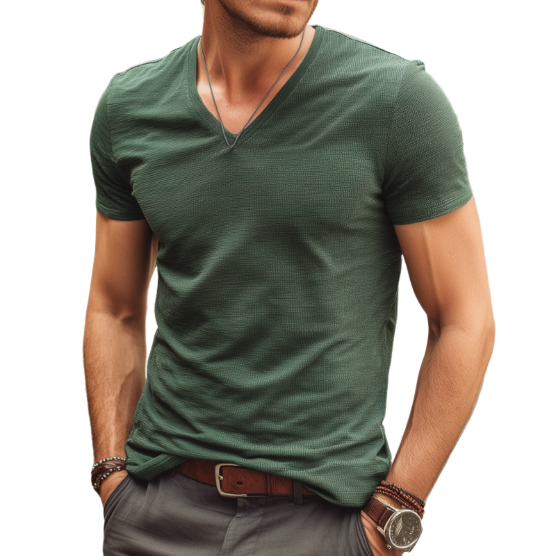 Men's Casual Breathable Cotton Blended Textured Fabric V-neck Slim Short-sleeved T-shirt MTA0119G5M
