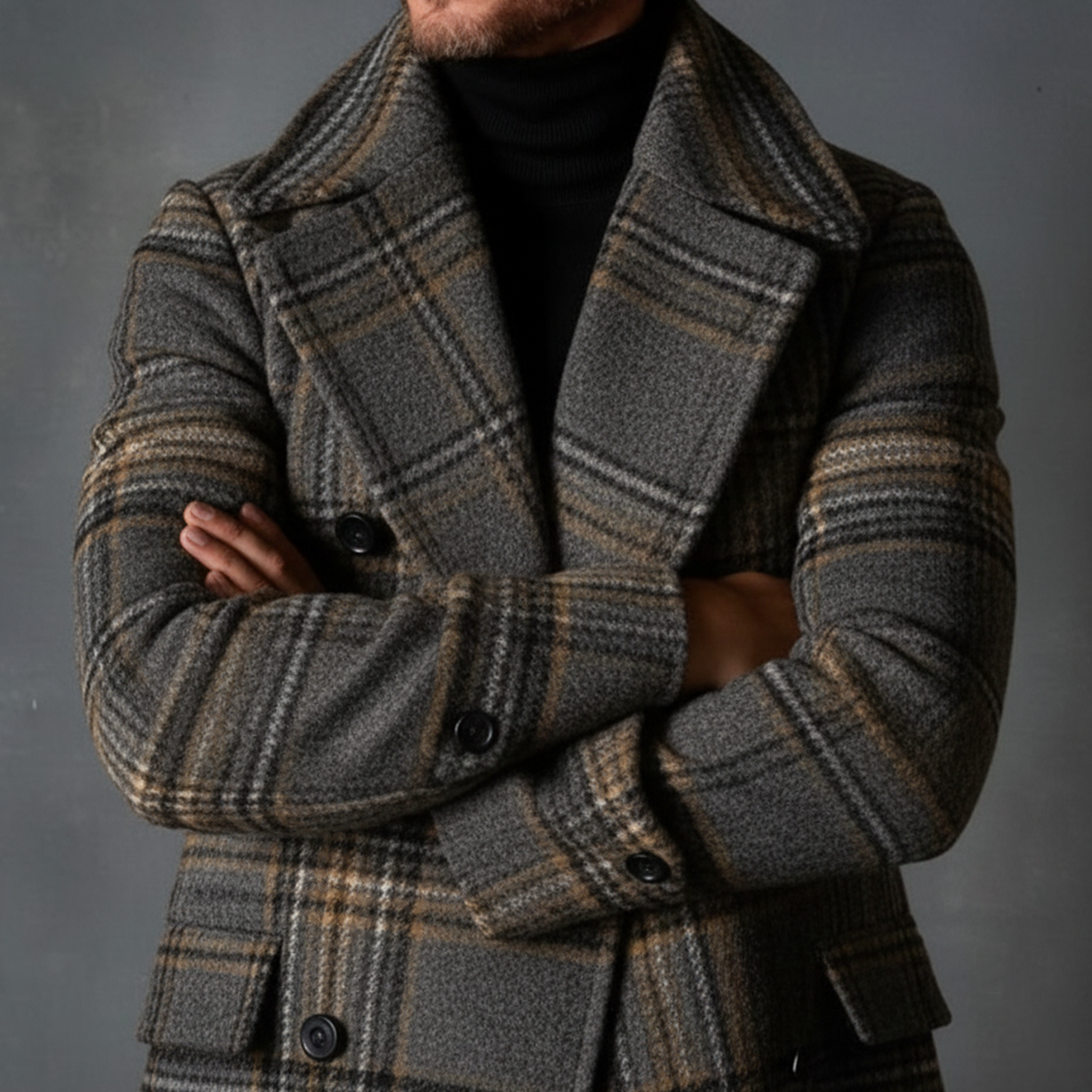 Men's Classic Retro Lapel Faux Plaid Wool Double-breasted Coat MTA3039I1K