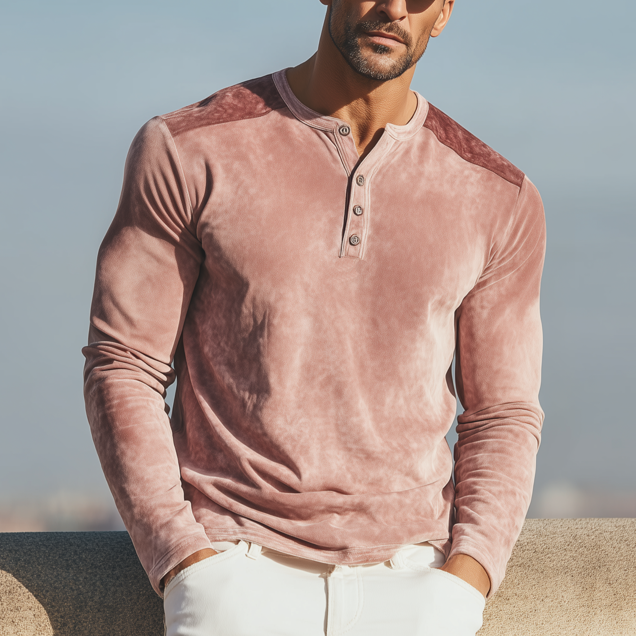 Men's Classic Casual Henley Neck Pink Suede Slim Fit Long Sleeve T-Shirt MTA1896H4K