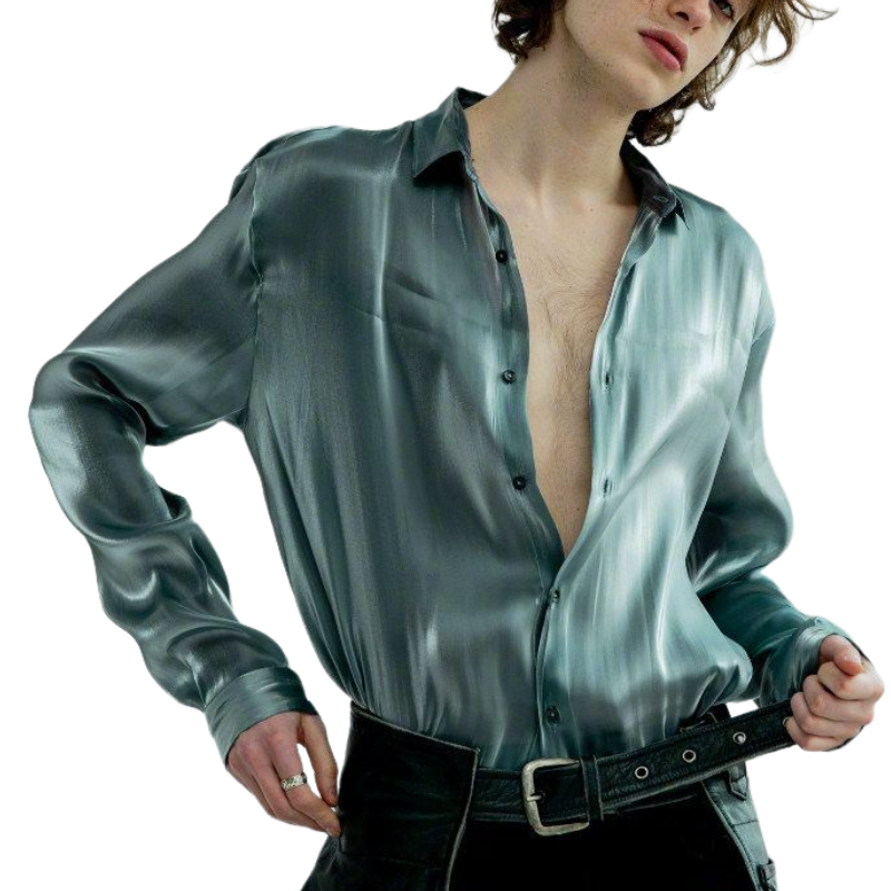 Men's Fashion Satin Lapel Long Sleeve Shirt 12760771F