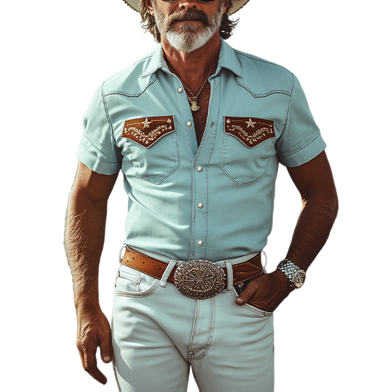 Men's Spring And Summer Fashion Casual Western Cowboy Style Washed Tencel Denim Pocket Cover Embroidery Slim Fit Short Sleeve Shirt MTA1292E2K