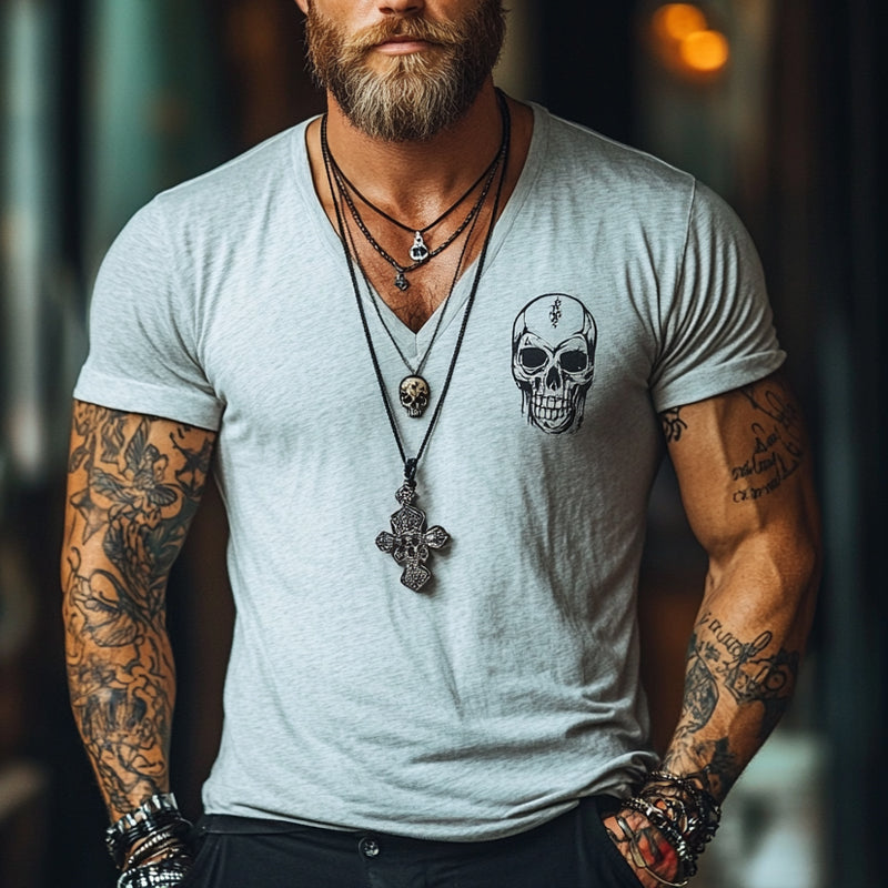 Men's Solid Color Cotton Skull Print Short Sleeve T-Shirt MTA3094D7X