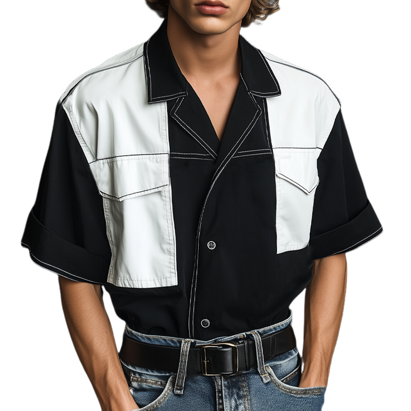 Men's Classic Black And White Colorblock Notch Lapel Short-Sleeved Shirt MTA2370F0U