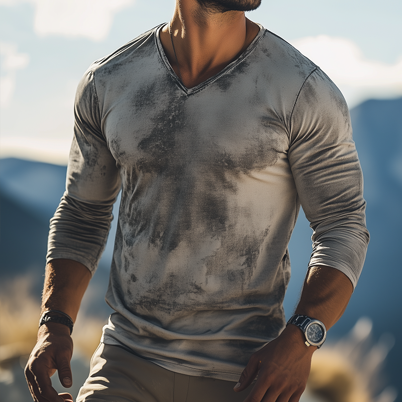 Men's Retro Casual Scratch Print V-Neck Long Sleeve T-Shirt MTA3089G8TO