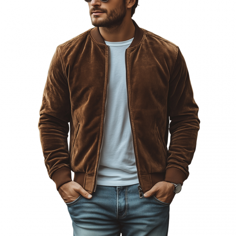 Men's Casual Solid Color Velvet Stand Collar Zipper Placket Loose Baseball Jacket MTA1404H9M