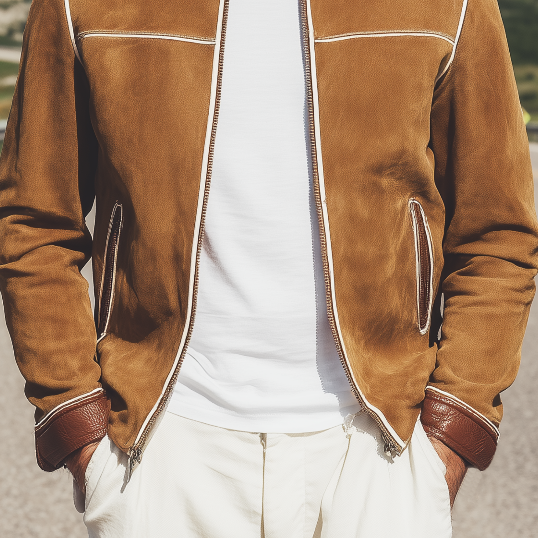 Men's Classic Casual Western Style Stand-up Collar And Cuffs PU Leather Zipper Suede Jacket MTA1566H1K