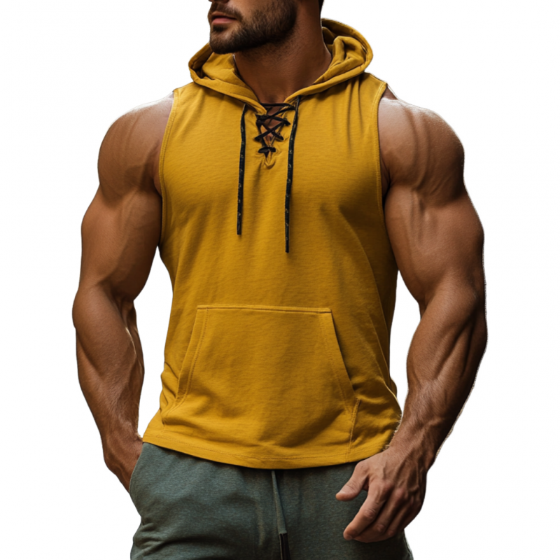 Men's Casual Breathable Cotton Lace-up V-neck Kangaroo Pocket Hooded Slim Tank Top MTA2901D0M
