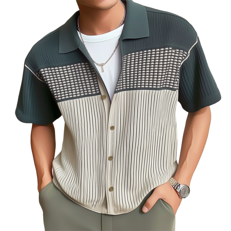 Men's Business Colorblock Knitted Button Short Sleeve Shirt MTA1825G7U